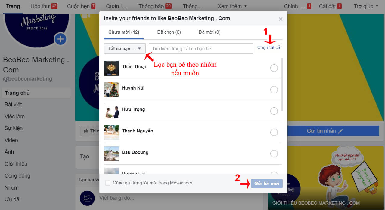 cách mời tất cả bạn bè like fanpage