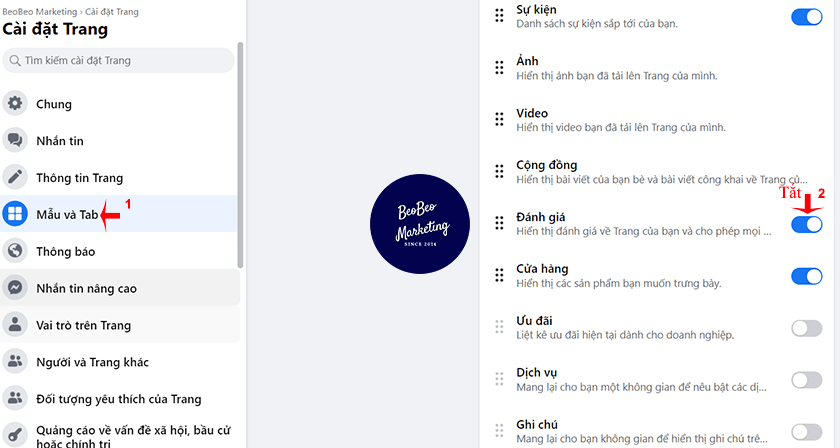 cách xóa phần đánh giá trên fanpage
