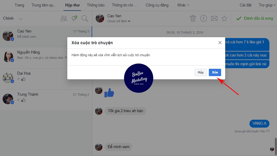 cách xóa tin nhắn trên fanpage facebook