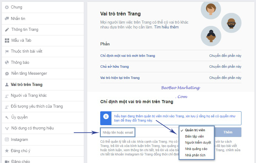 cấp quyền quản trị fanpage