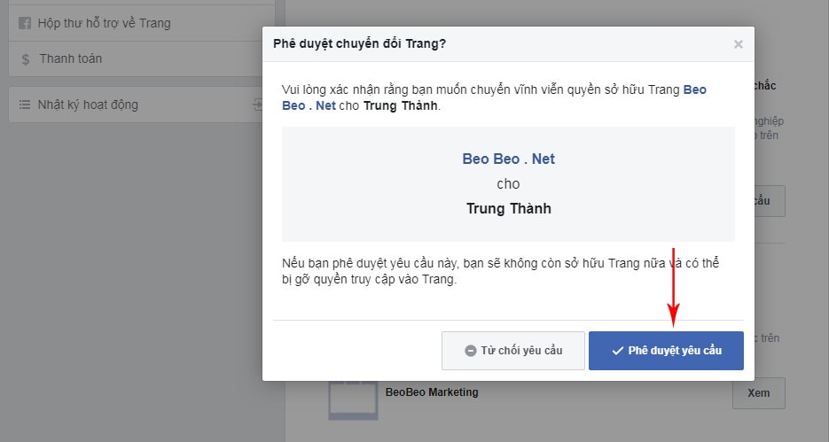 phê duyệt yêu cầu chủ sở hữu trang