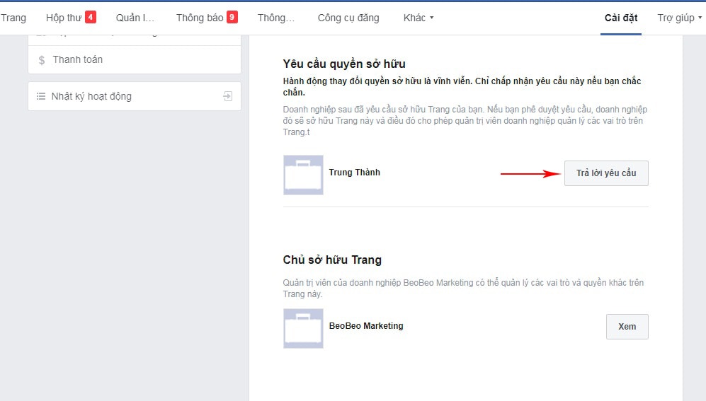 trả lời yêu cầu chủ sở hữu trang