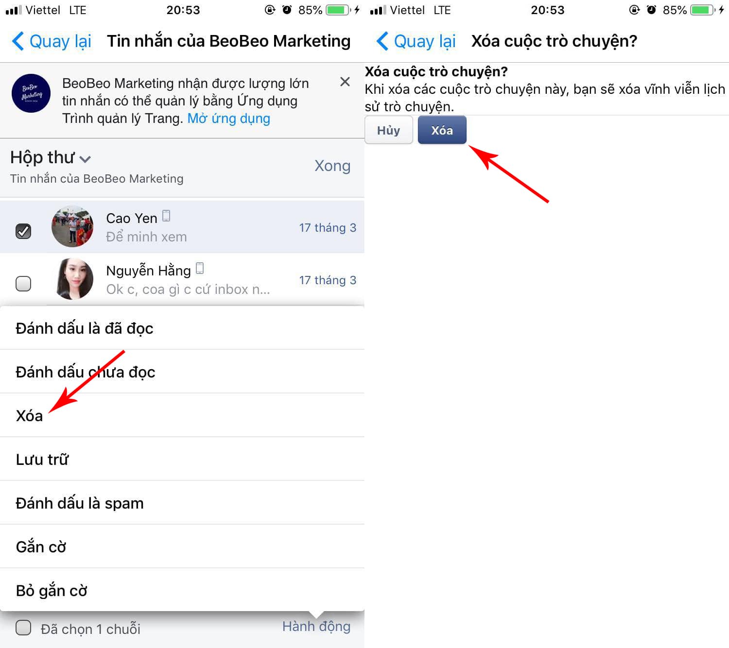 xóa inbox trên fanpage