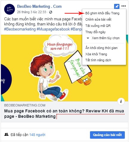 cách bỏ ghim bài viết trên facebook