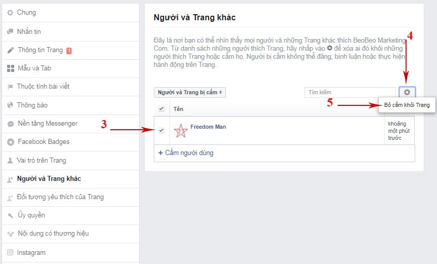 bỏ chặn khỏi trang fanpage trên facebook