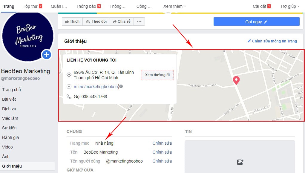 cài đặt hạng mục fanpage