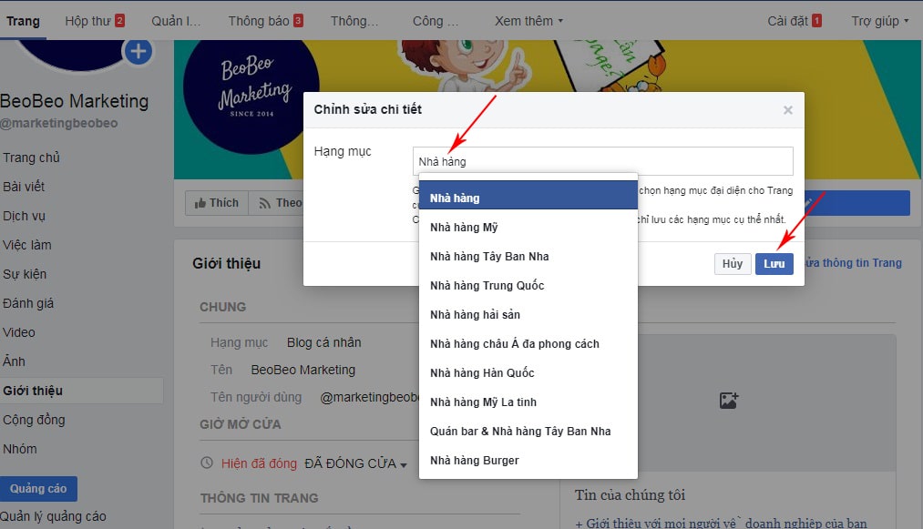 chỉnh sửa hạng mục fanpage