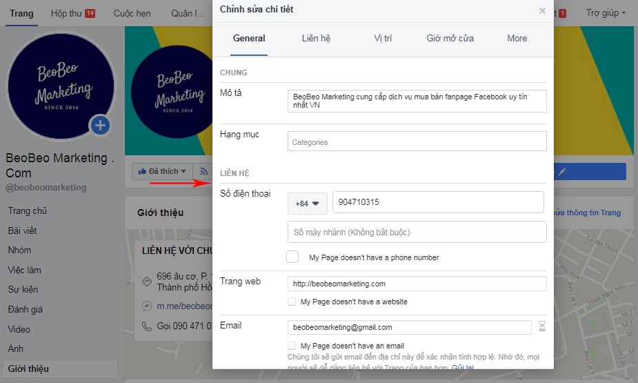 Chỉnh sửa thông tin trang fanpage