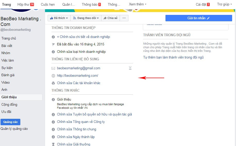 Chỉnh sửa thông tin trên fanpage