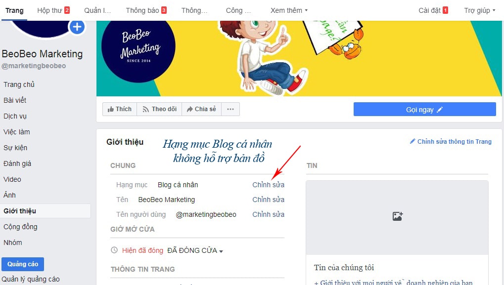 điều chỉnh danh mục fanpage