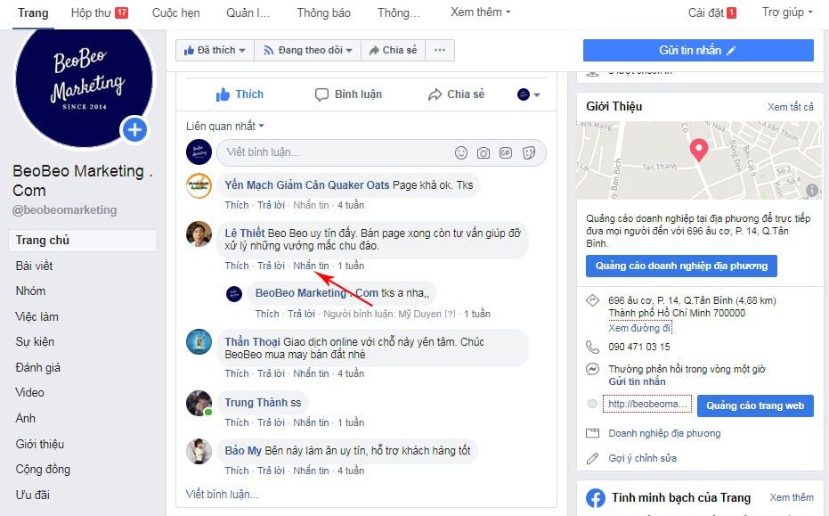 nhắn tin từ fanpage