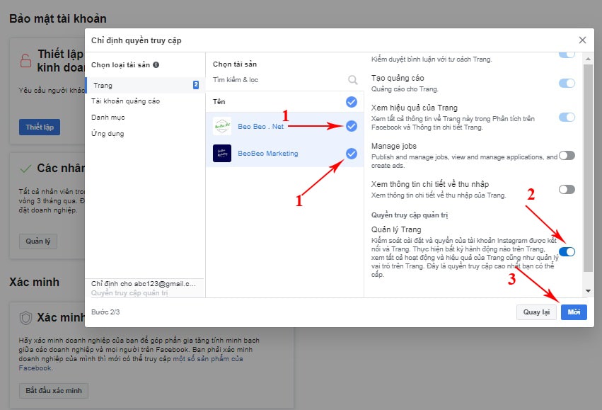 cấp quyền trên fanpage