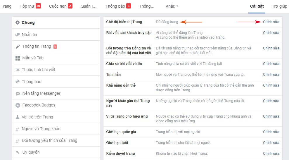 Chỉnh sửa chế độ đăng trang