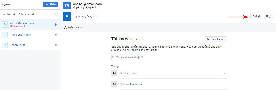 gửi lại lời mời admin fanpage