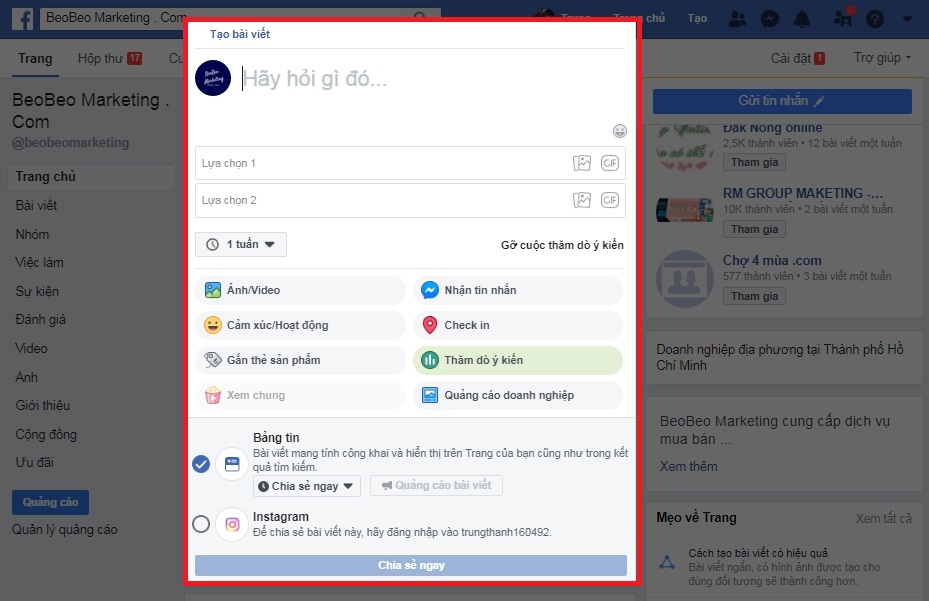 Tạo khảo sát trên fanpage