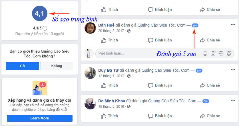 đánh giá 5 sao fanpage