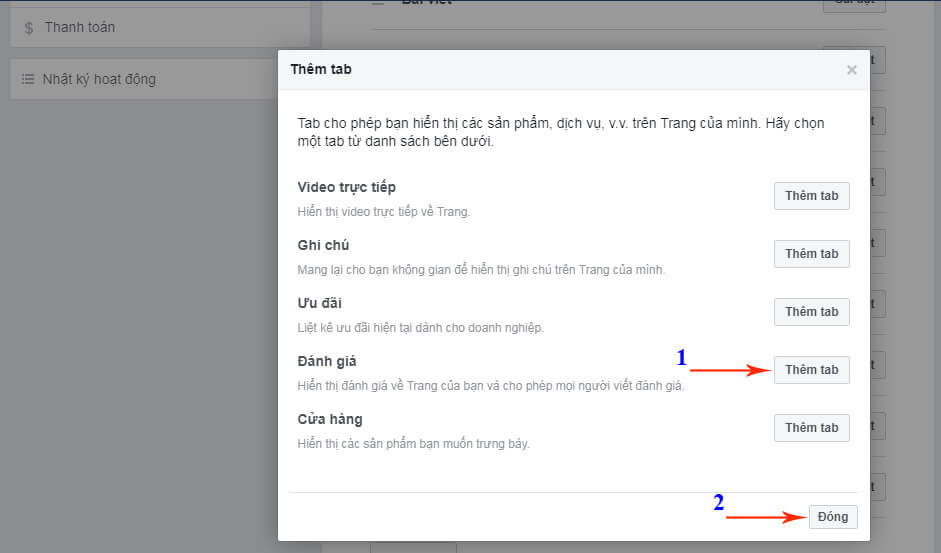 thêm tab đánh giá trên fanpage