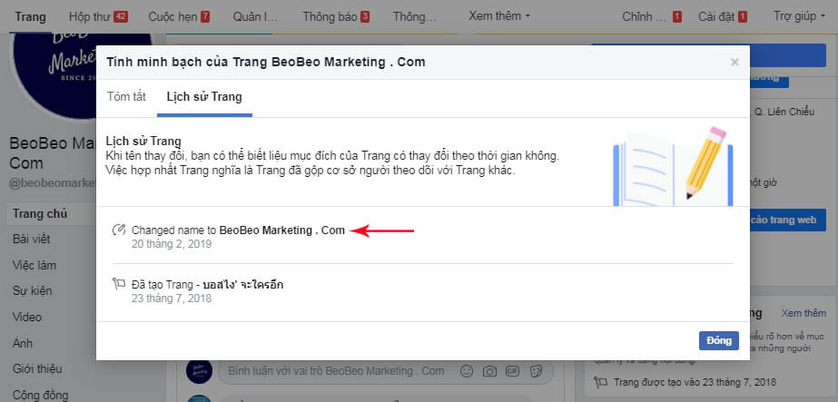 xem lịch sử đổi tên page facebook