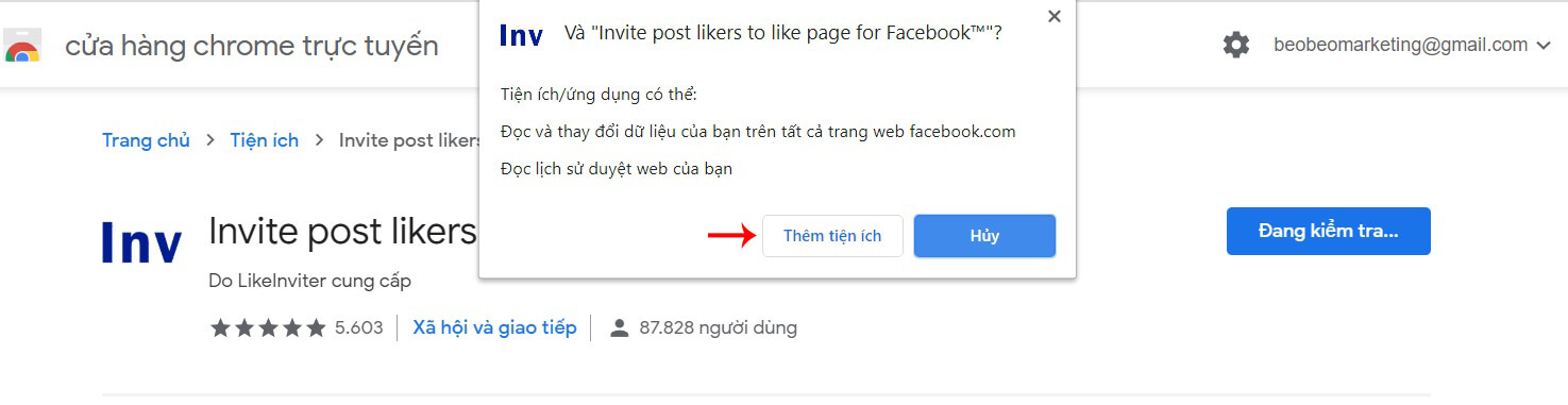 thêm tiện ích mời like fanpage