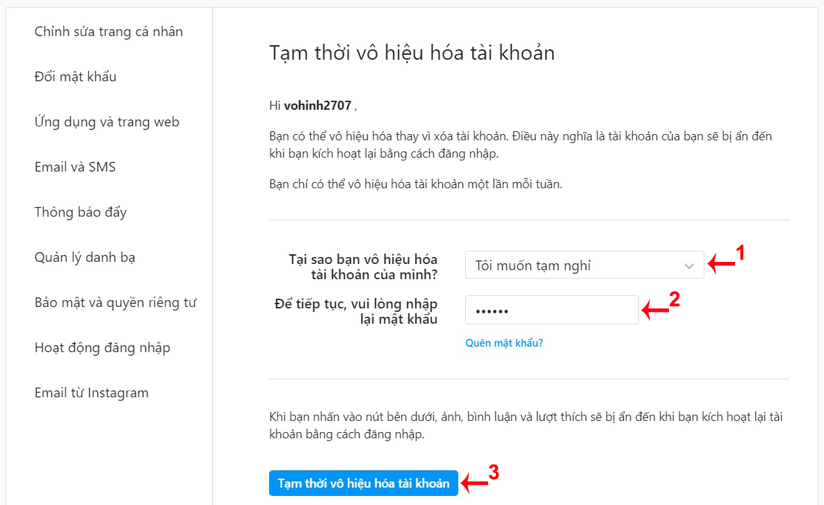 cách khoá tài khoản instagram tạm thời