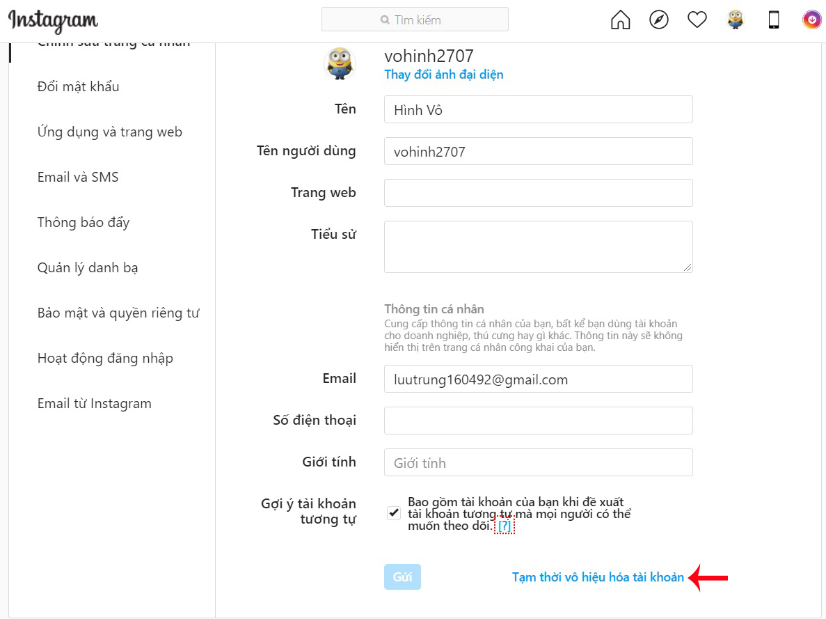 vô hiệu hoá instagram
