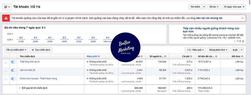 tài khoản quảng cáo bị gắn cờ